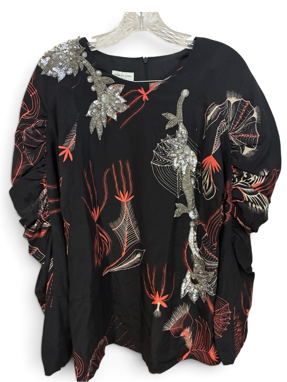 Dries Van Noten Silk Ruched Shoulder Top with Sequins